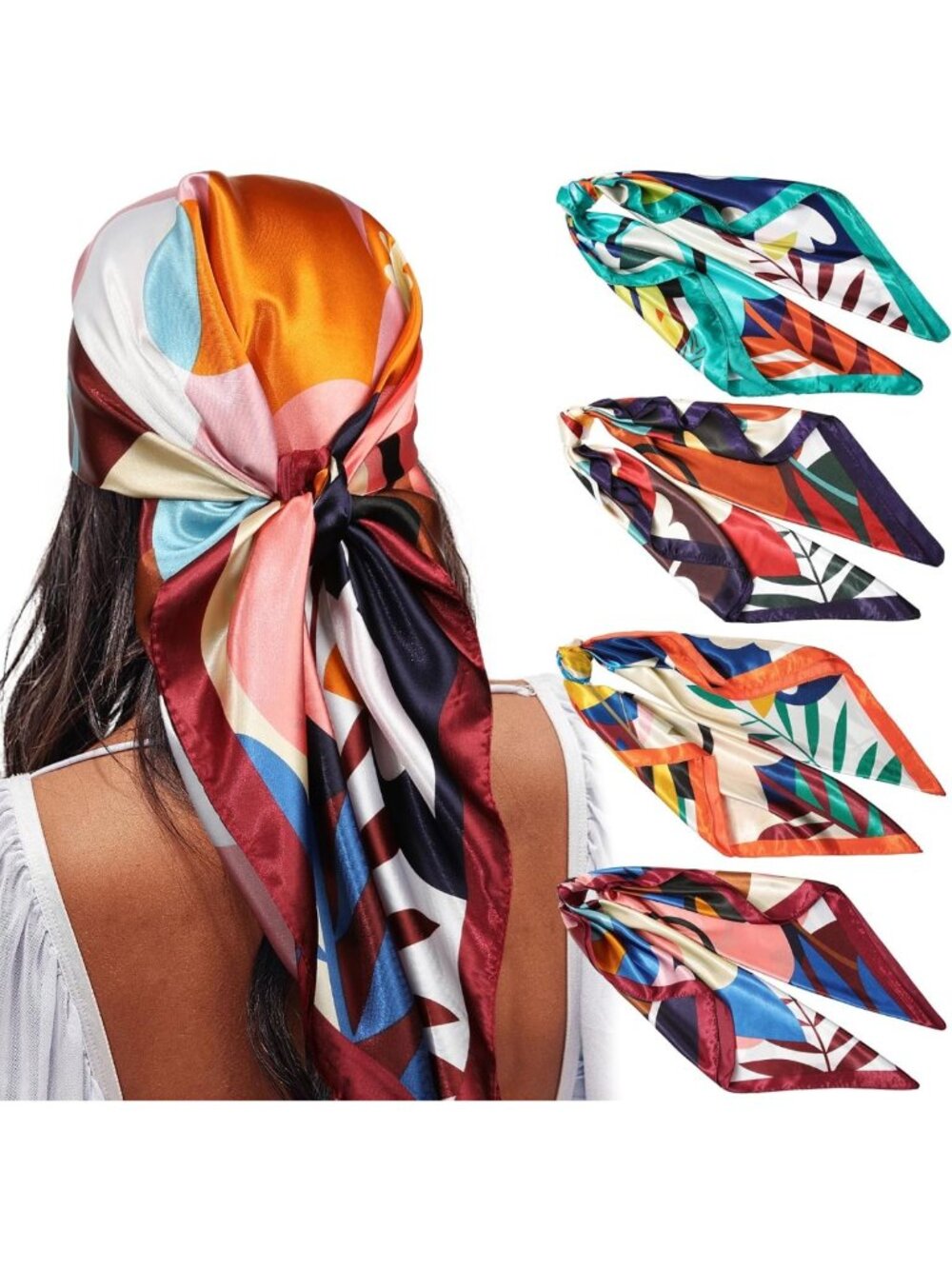 4-Pack 35" Satin Hair Scarves for Women - Silk-Like Bandanas & Head Wraps